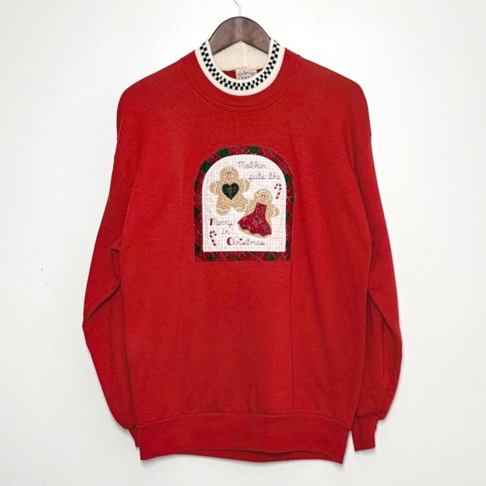VTG Valorie Sockwell Folk Art Applique Sweatshirt Women L Christmas USA 90s Mom